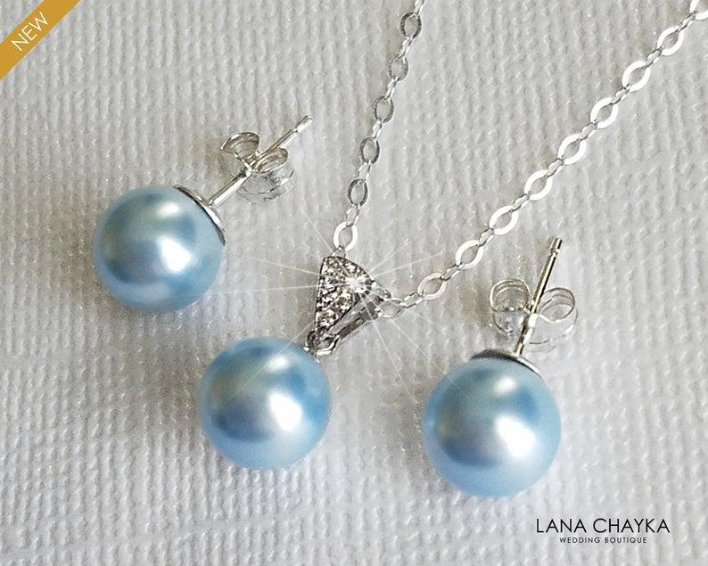Mariage - Light Blue Pearl Sterling Silver Jewelry Set, Swarovski 8mm Pearl Earrings&Necklace Set, Blue Pearl Wedding Jewelry Set, Light Blue Jewelry