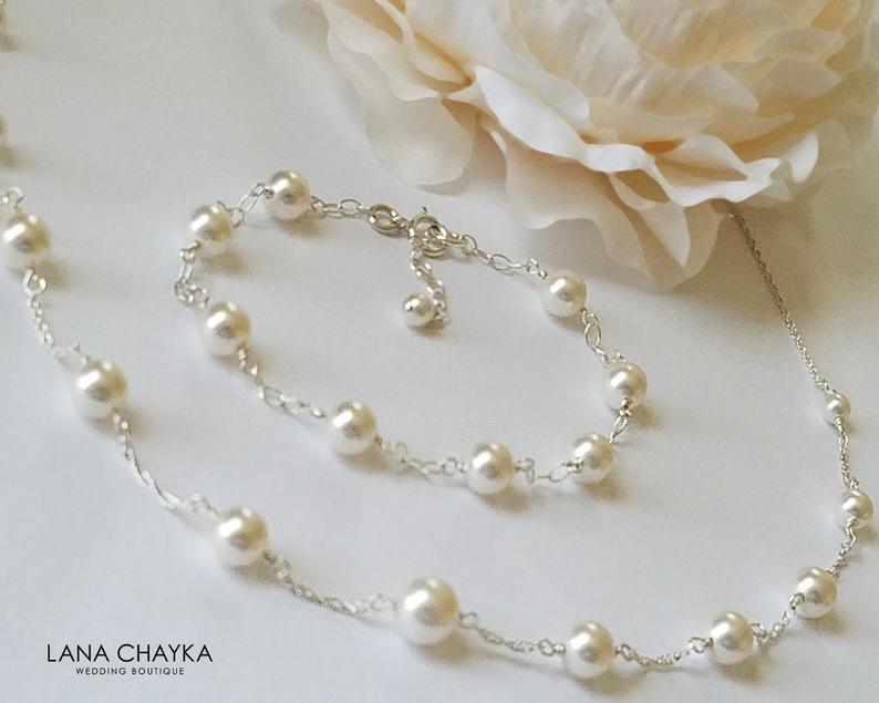 Свадьба - White Pearl Bridal Jewelry Set, Swarovski Pearl Necklace&Bracelet Set, White Pearl Wedding Jewelry, Bridal Pearl Jewelry, Dainty Pearl Sets