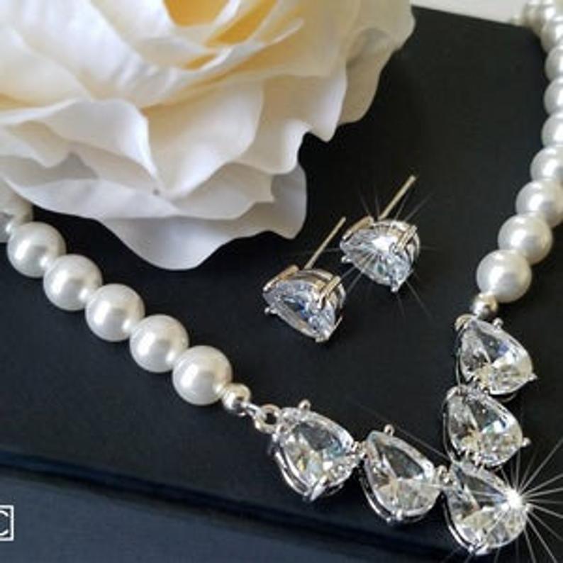 Mariage - Bridal Jewelry Set, White Pearl Bridal Jewelry Set, Swarovski Pearl Wedding Set, Necklace&Earrings Jewelry Set, Pearl Crystal Bridal Set