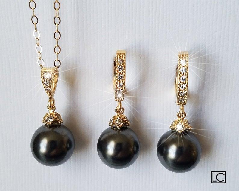 Hochzeit - Black Pearl Gold Jewelry Set, Swarovski Pearl Gold Earrings&Necklace Set, Wedding Black Jewelry Charcoal Gold Jewelry Pearl Drop Jewelry Set