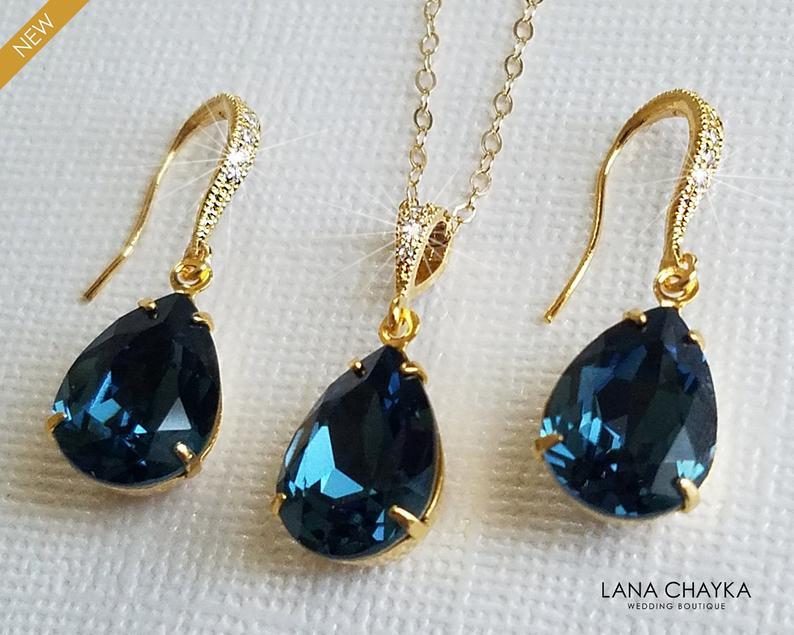 Hochzeit - Navy Blue Gold Jewelry Set, Dark Blue Earrings&Necklace Bridal Set, Swarovski Montana Blue Jewelry Set, Bridesmaid Jewelry, Prom Jewelry Set