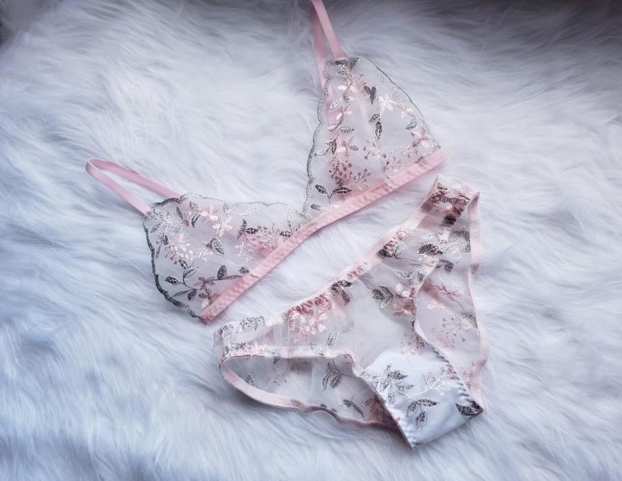 Mariage - pink blossom lingerie set, embroidered lingerie, sheer lingerie