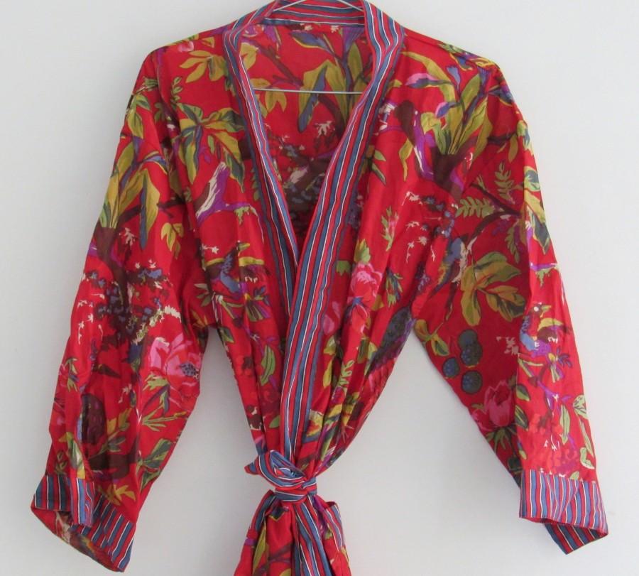 زفاف - Hand Block Printed Kimono, Cotton Bathrobe, Dressing Gown, Indian Wood Block Prints, Cotton Kimono Robe, Feathers Print, Free Size Robe