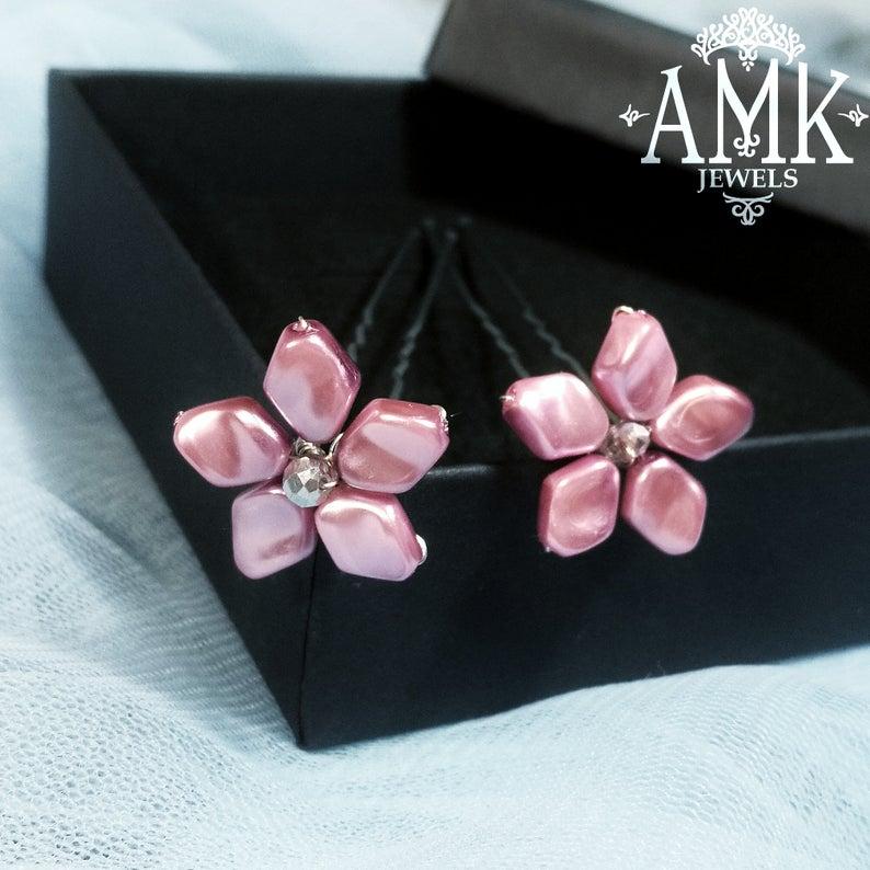 Hochzeit - Set of pink hair pins, floral hair pins