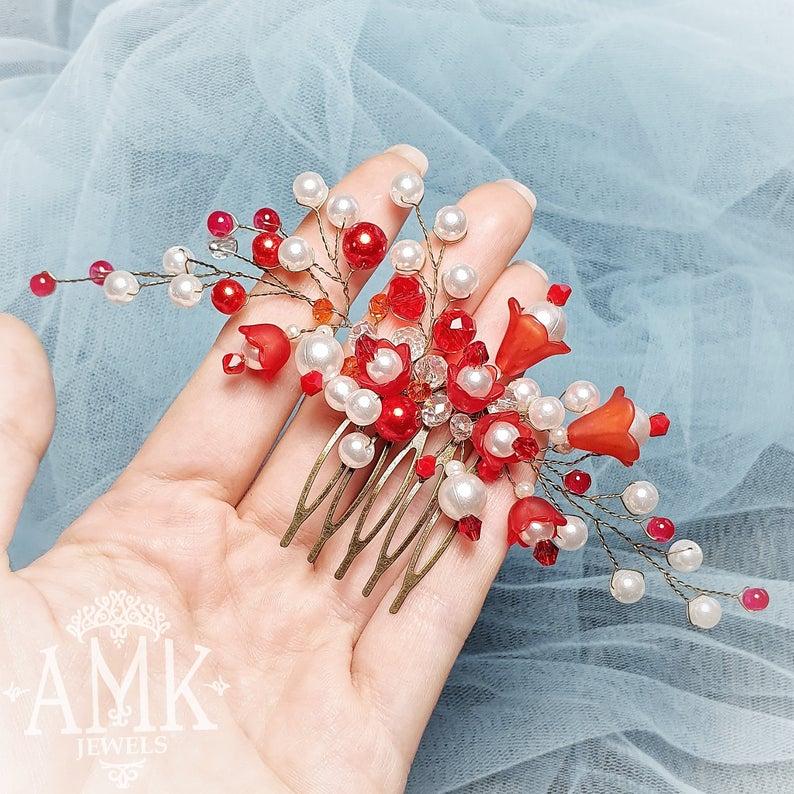 زفاف - Red hair accessory, bridesmaid hair piece