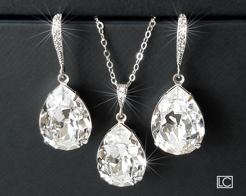 Mariage - Bridal Crystal Jewelry Set, Swarovski Clear Crystal Earrings&Necklace Set, Teardrop Rhinestone Silver Set, Wedding Sparkly Jewelry Sets