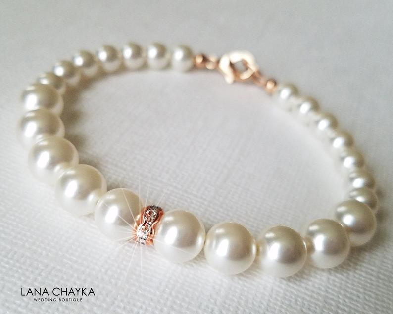 Hochzeit - White Pearl Bridal Bracelet, Swarovski Pearl Rose Gold Bracelet, Wedding Pearl Bracelet, Bridal Jewelry, Wedding Jewelry Bridesmaid Bracelet