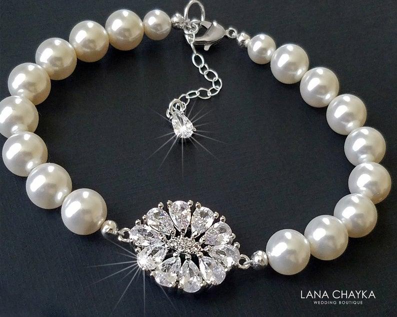 Hochzeit - Pearl Bridal Bracelet, Swarovski White Pearl Cubic Zirconia Bracelet, Wedding Bracelet, Bridal Jewelry, Vintage Style, Bridal Party Gift