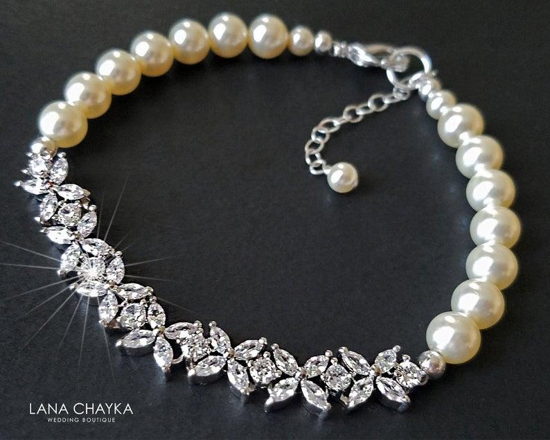 زفاف - Pearl Cubic Zirconia Wedding Bracelet, Swarovski Ivory Pearl Crystal Bracelet, Dainty Pearl Bracelet, Bridal Pearl Jewelry, Wedding Jewelry