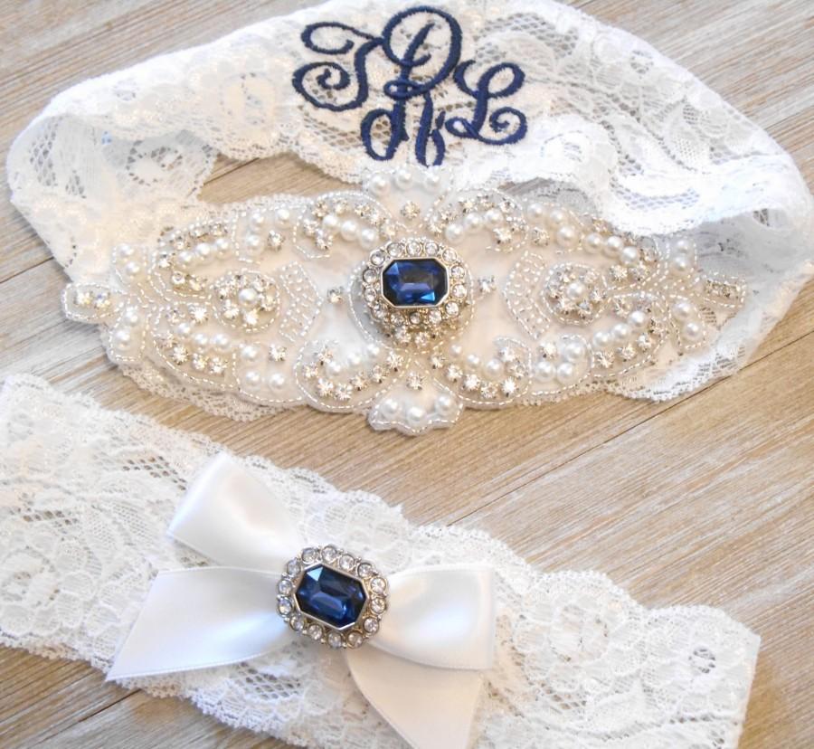 Hochzeit - Wedding Garter Set MONOGRAM Option MANY COLORS Lingerie Lace Classic Pearls and Rhinestone Setting Bridal Garter Set