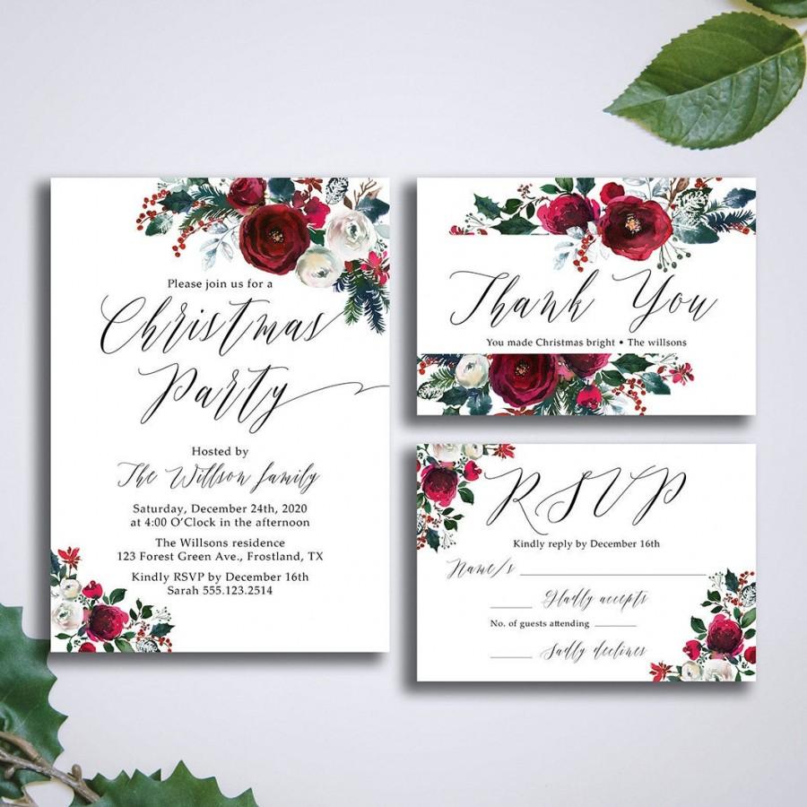 Mariage - Christmas Invitation suite, Winter Printable Invite Suite, Holiday Invites Set, Watercolor floral wreath