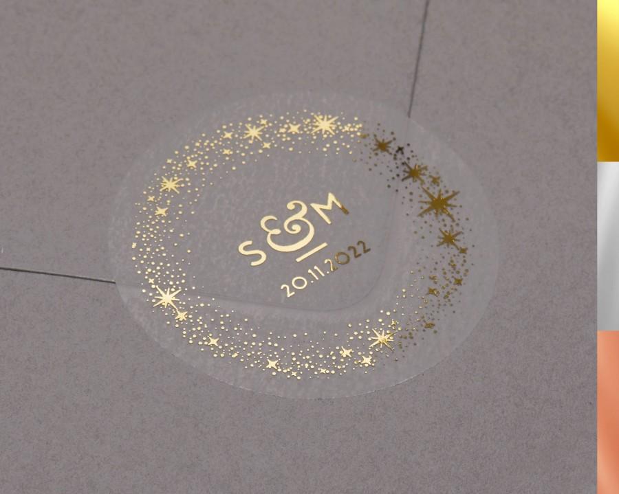 Wedding - Celestial Wedding stickers. Foiled personalised initials and date wedding labels. Semi clear matt envelope seals. Star stickers