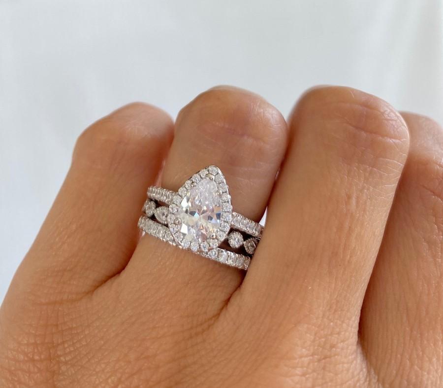 Wedding - 3.0 ctw Pear Shaped Wedding Ring Set. Halo Wedding Ring. Teardrop Bridal Rings. Art Deco Band. Pear Cut Engagement Ring. Pear Halo Ring Set.
