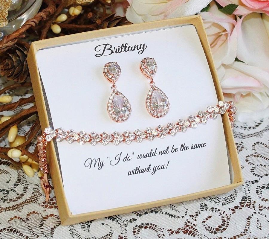 Mariage - Custom color, Bridesmaid gift set, Tear drop bridesmaid earrings, Bridal Earrings, CZ Bracelet, Cubic Zirconia Earrings, Wedding Jewelry Set