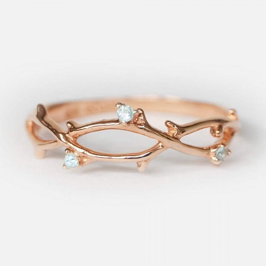 Wedding - aquamarine engagement ring, alternative engagement ring, leaf engagement ring, branch ring, rose gold leaf ring, nature inspired, leaf ring
