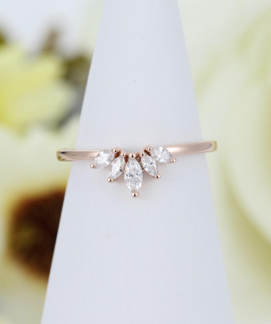 Hochzeit - Curved wedding band rose gold Marquise cut Diamond wedding band women Vintage Unique Moissanite Matching Stacking Bridal Anniversary gift