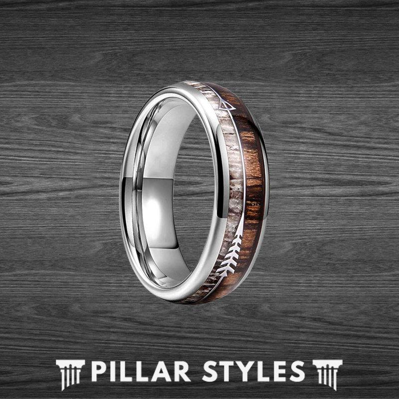 Hochzeit - 6mm Zebra Wood Ring with Arrow Inlay Deer Antler Ring Mens Wedding Band Arrow Ring, Antler Wedding Bands Women Nature Ring Couples Ring Set