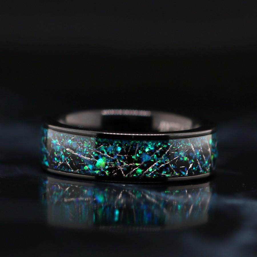 زفاف - Customized Opal over Meteorite Ring Wedding Band  - FREE ENGRAVING
