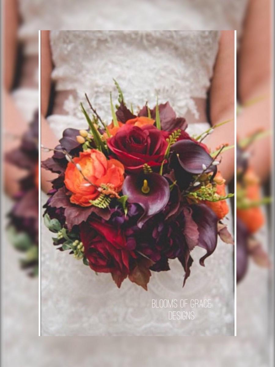 Wedding - Fall wedding bouquet, plum round bouquet, callas and roses bride bouquet, orange and purple bridal bouquet.