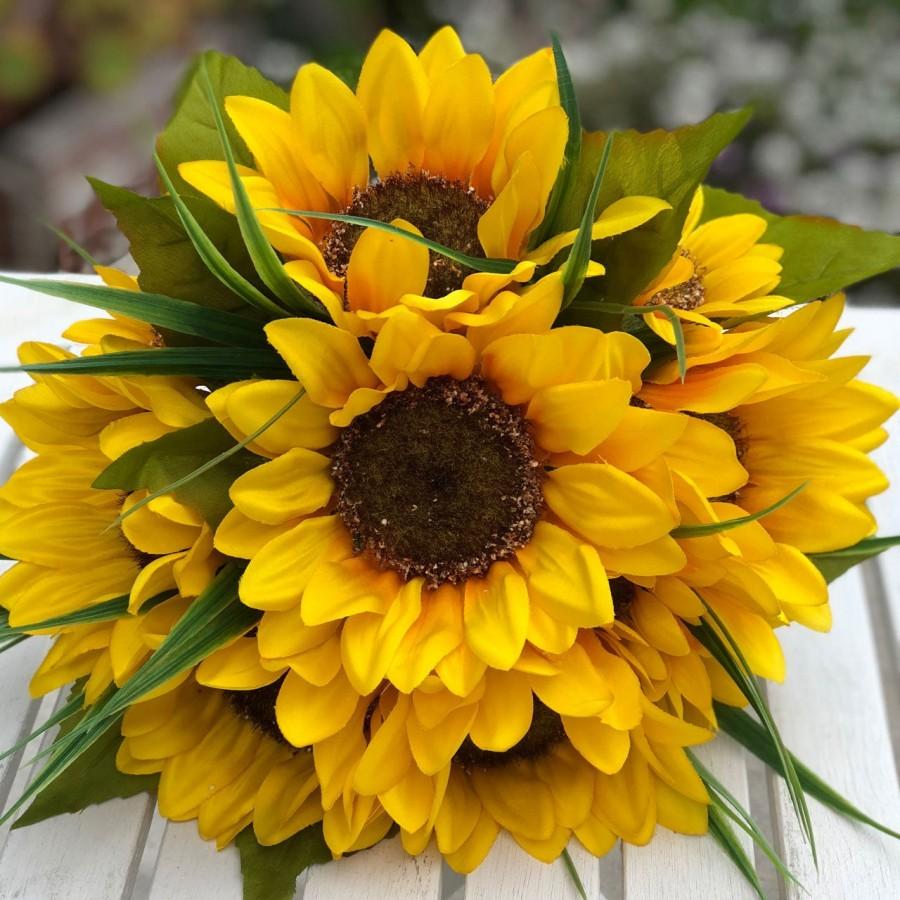 زفاف - 10 Sunflower Stem Silk Flower Bridal Bouquet with Satin Ribbon Streamers-Rustic Wedding Decor - Large Bouquet
