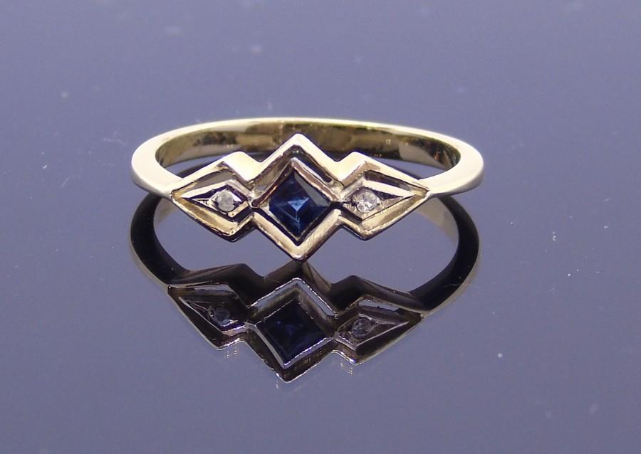 زفاف - Sapphire & diamond ring, 14 carat gold. Vintage. September / April birthstones