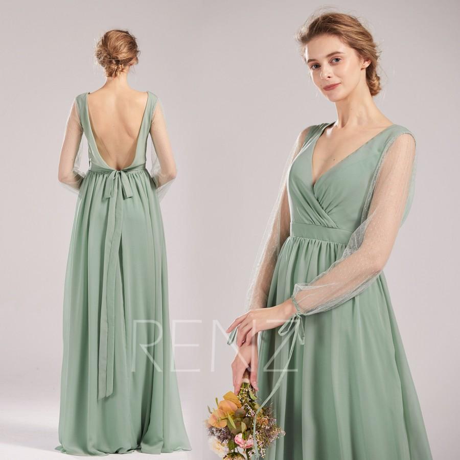 Mariage - Bridesmaid Dress Sage Green Wedding Dress Illusion Tulle Long Sleeves Prom Dress V Neck Backless Party Dress Chiffon Formal Dress (H863)
