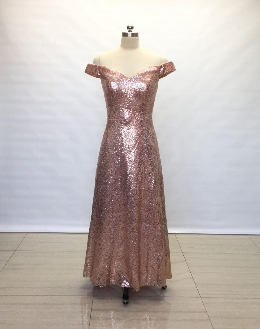 Mariage - Sheath Off Shoulder Rose Gold Sequin Long Bridesmaid Dress