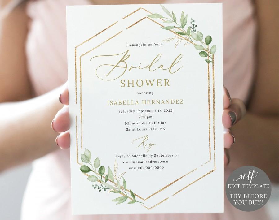 Hochzeit - Bridal Shower Invitation Template, Greenery Hexagonal, Editable & Printable Instant Download, Templett, TRY Before You Buy