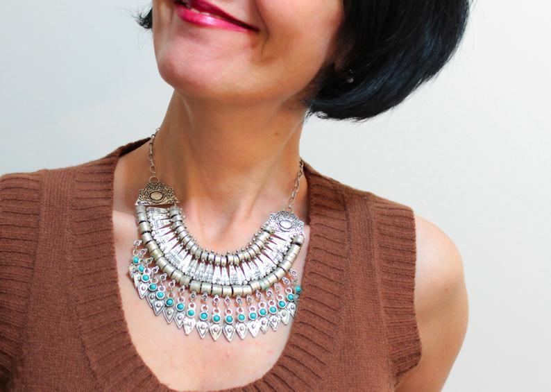 Wedding - Stunning Silver Boho Chic Collar Necklace with Turquoise Gypsy Statement Dangle Necklace Ethnic Jewelry Fringe Silver Chokers Gift For Her