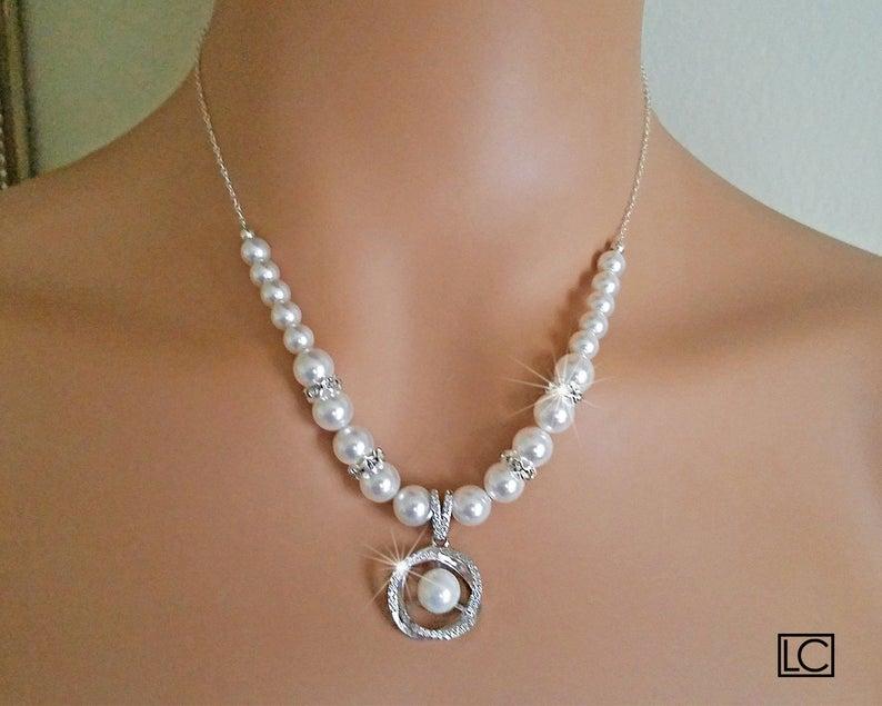 Mariage - Pearl Bridal Necklace, Swarovski White Pearl Silver Necklace, Wedding Necklace, Bridal Pearl Jewelry, Wedding Jewelry, Statement Necklace
