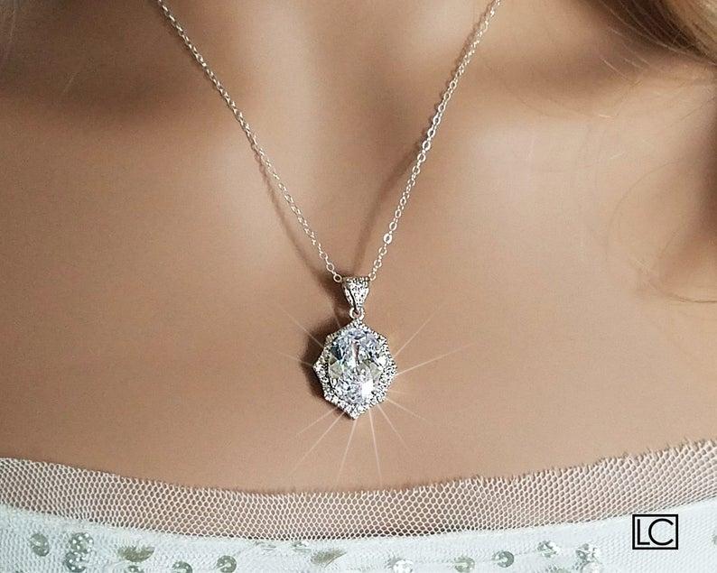 Hochzeit - Crystal Bridal Necklace, Cubic Zirconia Oval Necklace, Crystal Halo Silver Necklace, Wedding Zirconia Necklace, Sparkly Pendant Prom Jewelry