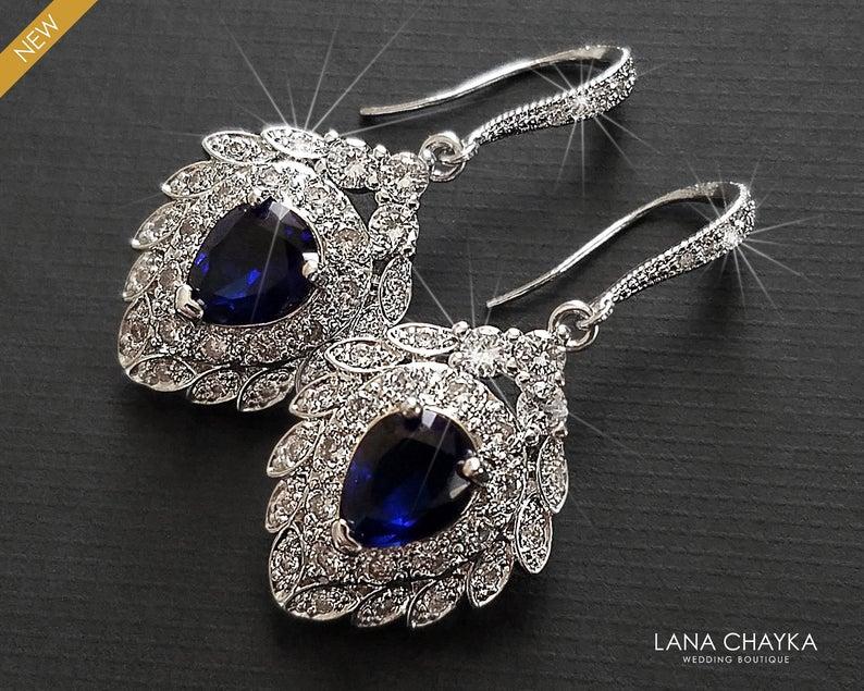 Wedding - Navy Blue Silver Bridal Earrings, Wedding Cubic Zirconia Earrings, Navy Blue Sapphire Earrings, Sapphire Dangle Earrings Bridal Blue Jewelry