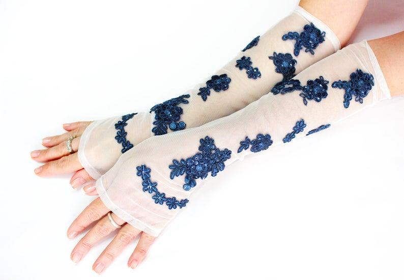 Mariage - White royal blue long lace gloves, wedding accessories extra long gloves, bridal glove, fingerless glove, wristlet cuff glovelet, boho bride