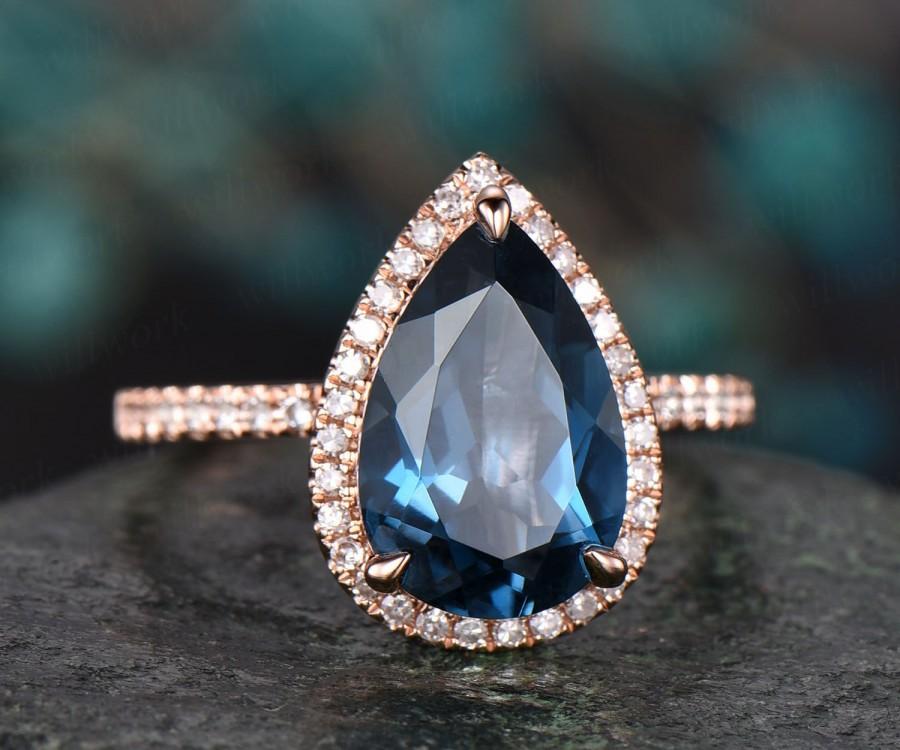 Mariage - 8x12mm London blue topaz engagement ring rose gold diamond halo ring big topaz ring gold unique pear antique wedding bridal promise ring