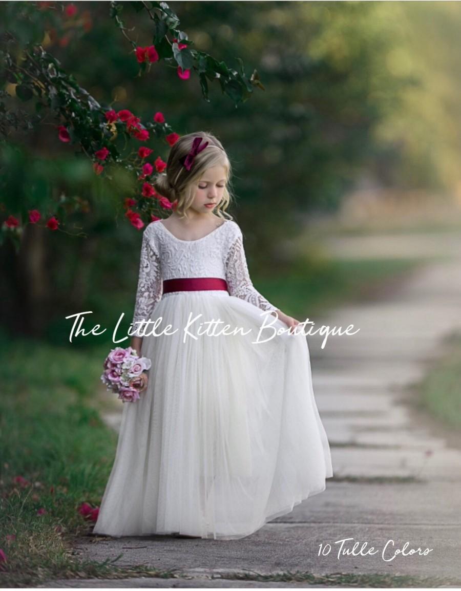 Wedding - tulle flower girl dress, rustic lace flower girl dress, long sleeve flower girl dresses, boho flower girl dress, ivory flower girl dress