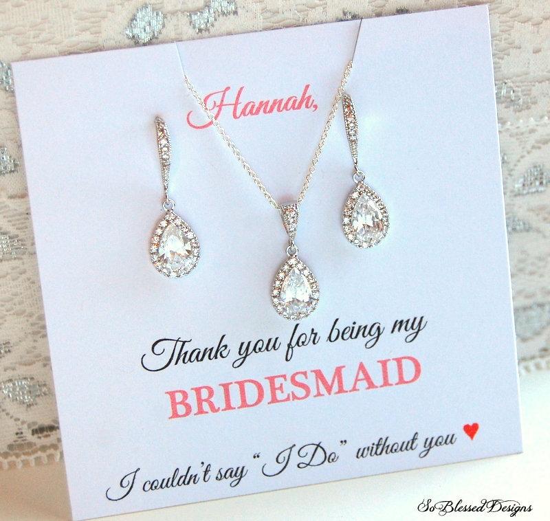 Hochzeit - Bridesmaid Jewelry Set, Bridesmaid Gifts, Bridesmaid jewelry, Bridesmaid proposal, Bridal party gifts, CZ Necklace & Earrings Set