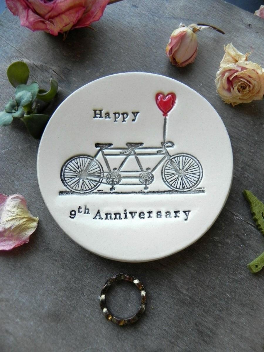 Wedding - Pottery Anniversary, Personalized Bicycle Love Plate, 9th Anniversary Gift, Tandem and Heart Ceramic Ring Dish Ivory Ring Pillow
