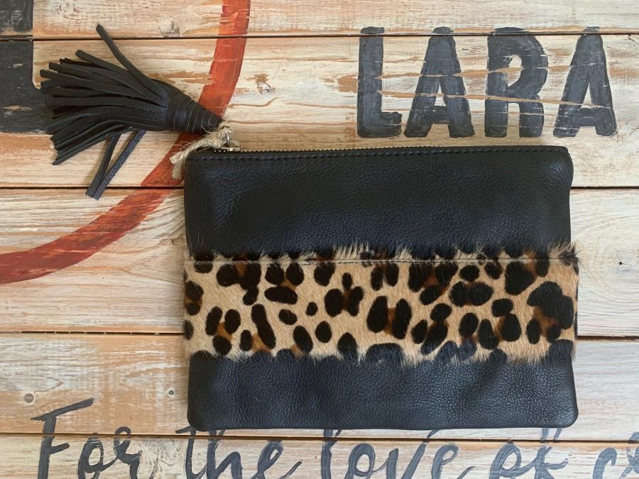 زفاف - Lara Leather Clutch with Leopard Print Cow Hide  Hand Strap