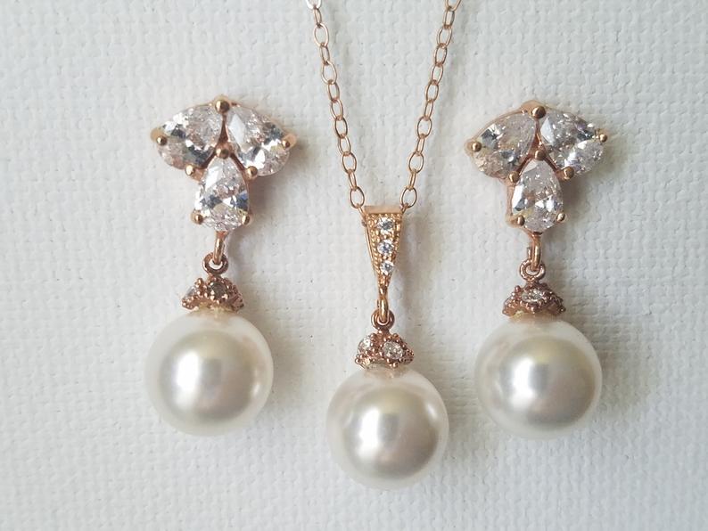 Hochzeit - Rose Gold Pearl Jewelry Set, Swarovski White Pearl Drop Earrings&Necklace Set, Rose Gold Wedding Jewelry Set, Pink Gold Pearl Bridal Jewelry
