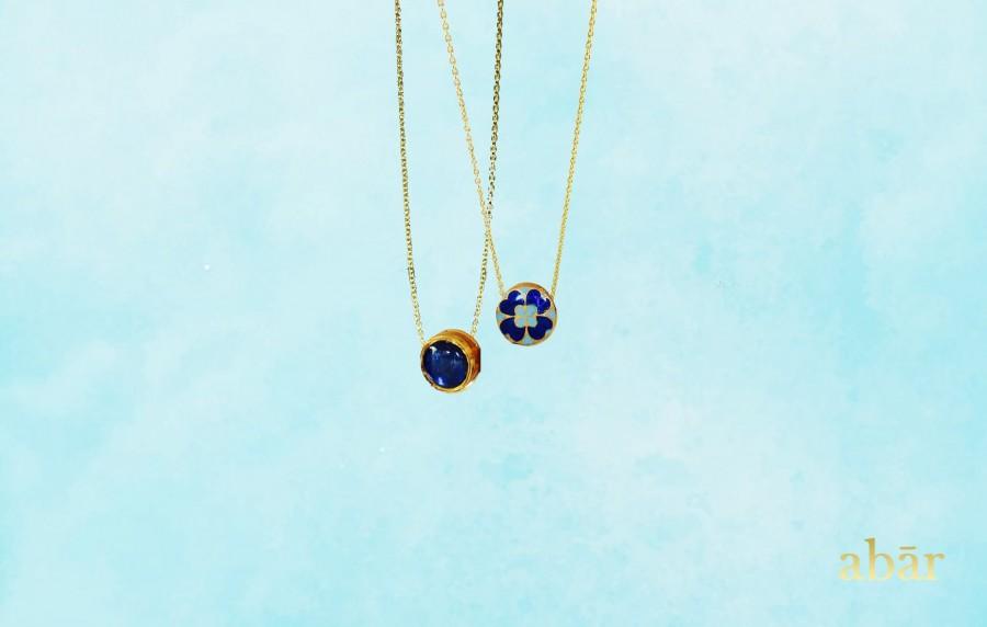 زفاف - Natural Blue Sapphire Bridal Necklace, 18k Gold Round Sapphire Cabochon Bezel Pendant, Dainty Necklace, Wedding Gift, Independence Day Gift