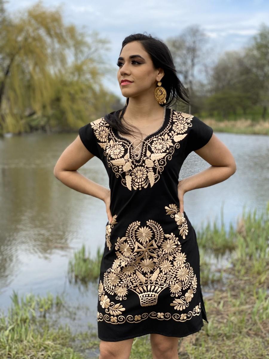 Hochzeit - Mexican Gold Embroidered Dress. Beautiful Traditional Black Dress. Handmade Mexican Dress.