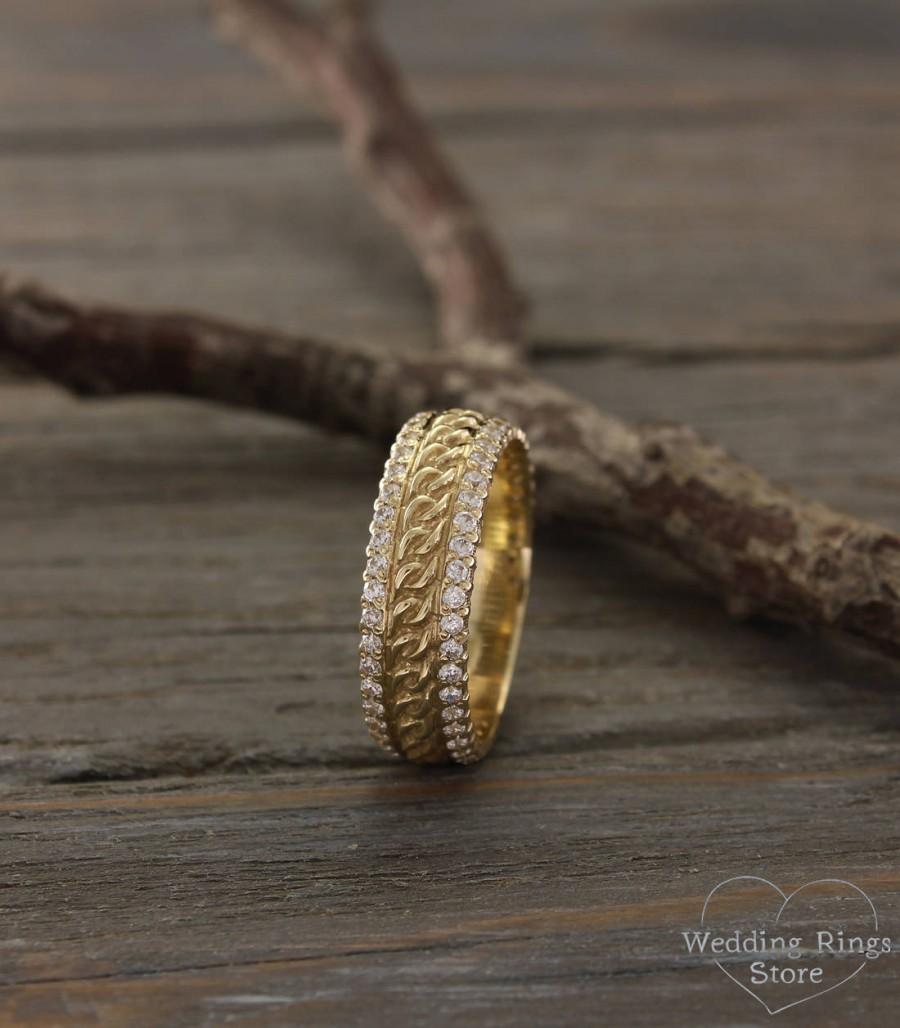 Wedding - Vintage style promise ring, Chain wedding band, Unique wedding ring, Wide gold ring, CZ wedding ring, Anniversary ring, 14K solid gold ring