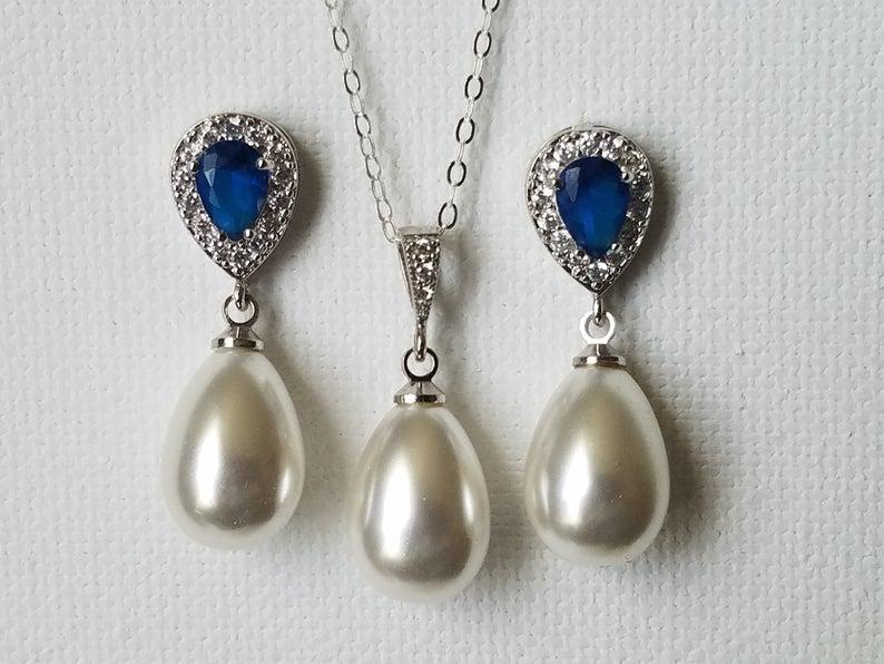 Wedding - White Pearl Jewelry Set, Wedding Teardrop Earrings&Necklace Set, White Navy Blue Pearl Set, Bridal Jewelry Wedding Jewelry Bridal Party Gift