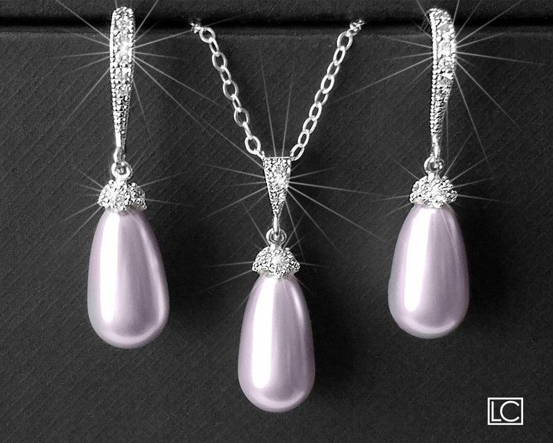 زفاف - Lavender Pearl Jewelry Set, Swarovski Lavender Teardrop Pearl Set, Lilac Silver Earrings&Necklace Set, Wedding Lavender Jewelry, Bridal Set