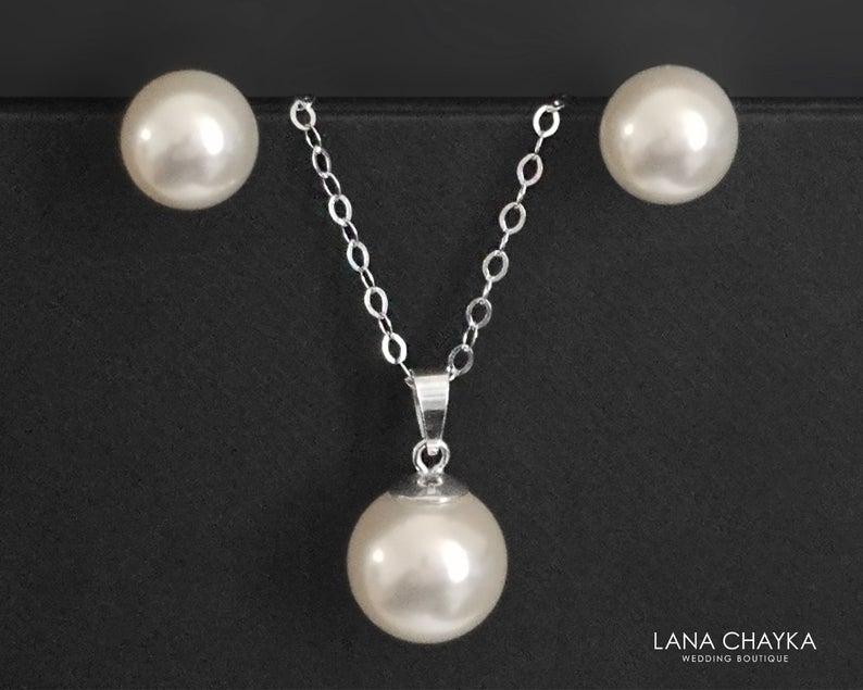 Свадьба - White Pearl Bridal Jewelry Set, Swarovski Pearl Earrings&Necklace Set, Classic Pearl Jewelry Set, Pearl Sterling Silver Jewelry, Prom Set