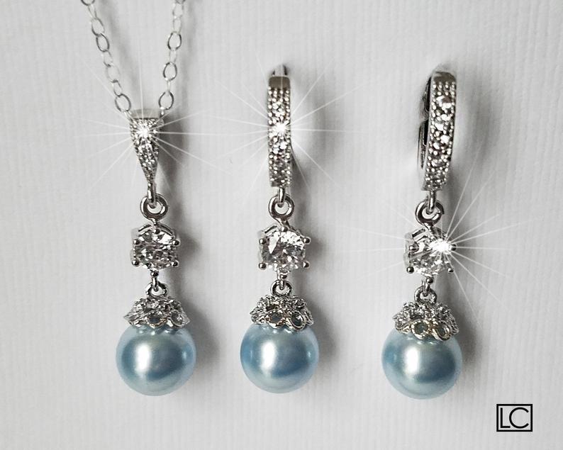 Свадьба - Blue Pearl Bridal Jewelry Set, Wedding Blue Silver Set, Swarovski Light Blue Earrings&Necklace Set, Wedding Blue Jewelry, Bridal Party Gift