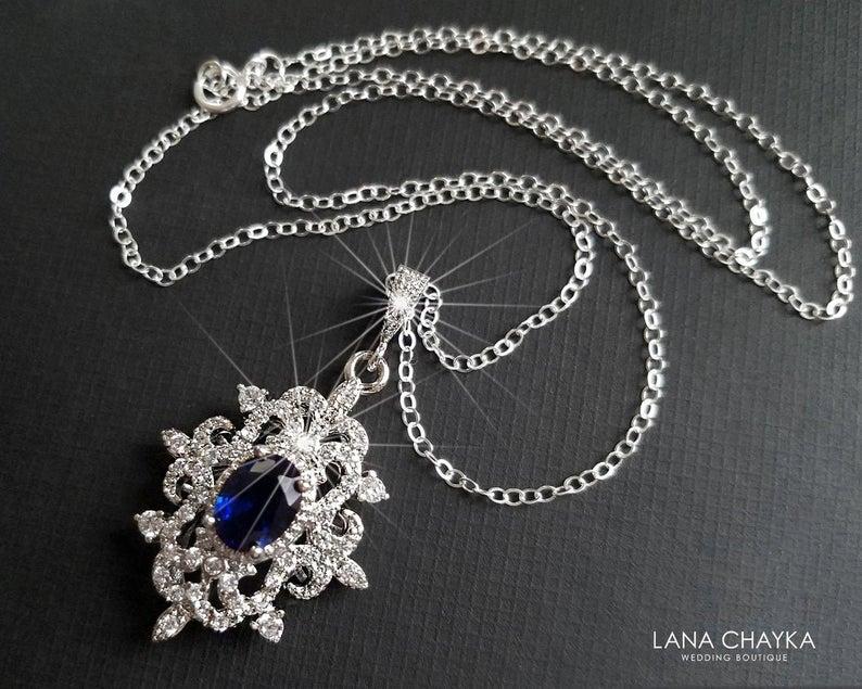 Wedding - Navy Blue Crystal Necklace, Sapphire Crystal Necklace, Wedding Navy Blue Jewelry, Cubic Zirconia Bridal Necklace, Royal Blue Silver Pendant