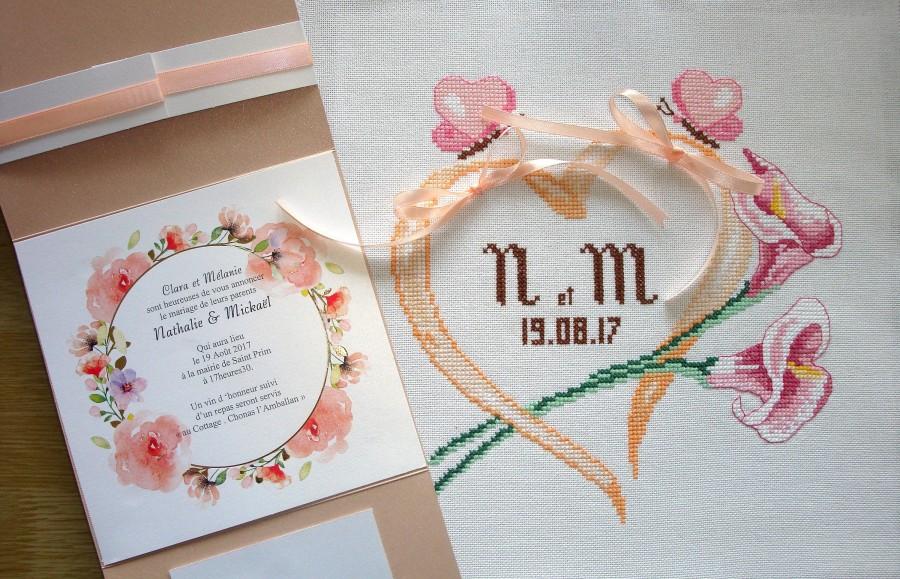 زفاف - Personalized and embroidered wedding cushion, Wedding ring holder, Arums, orchid, Butterfly and Flowers Customizable, Cross stitch