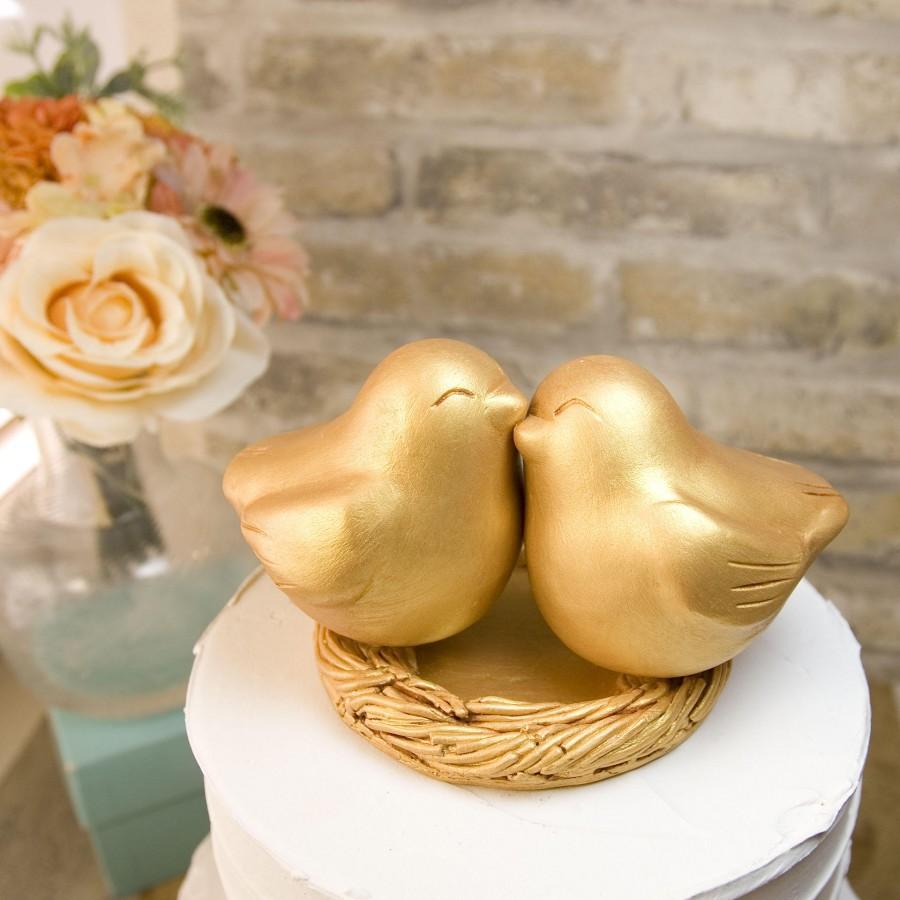 زفاف - Bright Gold Love Bird Wedding Cake Topper, Golden Anniversary Handmade Keepsake, Customized with Names and Wedding Date Under Nest