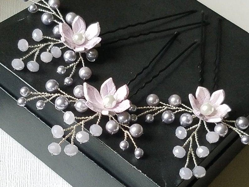 زفاف - Lavender Bridal Hair Pins, Swarovski Lavender Pearl Crystal Hair Pins, Set of 3 Wedding Lilac Floral Hair Pins, Violet Bridal Hair Jewelry
